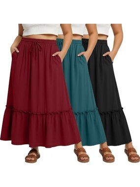 3 Pack Plus Size Maxi Skirts for Women - Flowy, Comfortable & Stylish